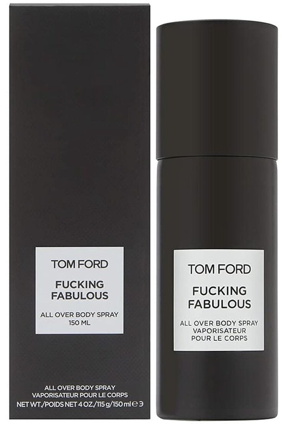 Zwarte flacon met witte opdruk: TOM FORD FUCKING FABULOUS ALL OVER BODY SPRAY 150 ML.