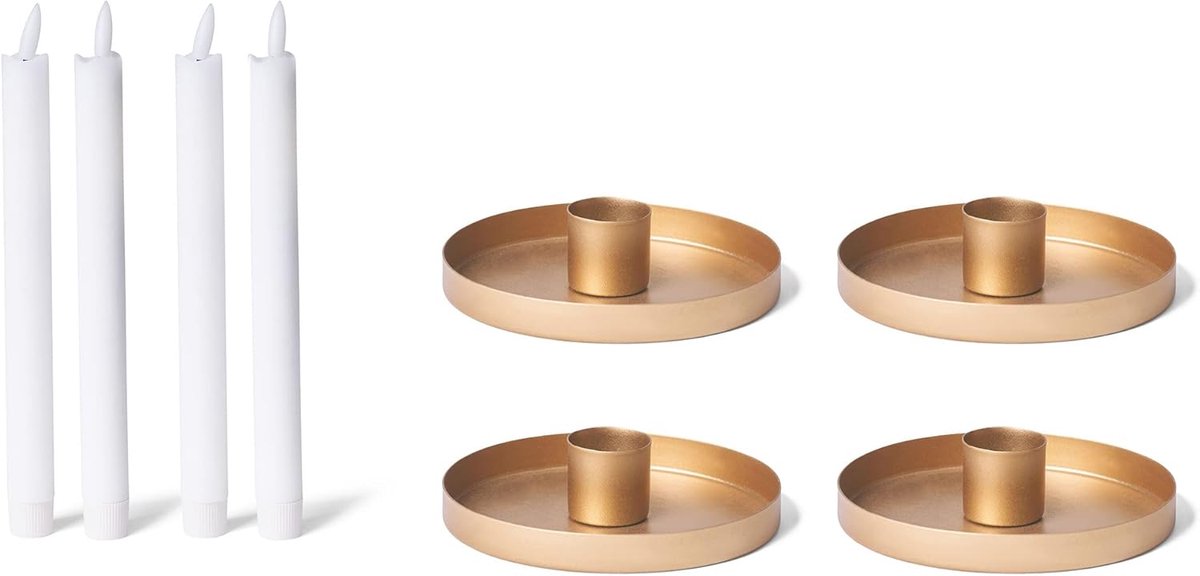 Novaliv Set van 4 kaarsenhouders, diameter 14 cm, decoratieve schaal, goud, rond, metaal met premium echte waskaars, LED-lontkaars, flikkerend effect, kaarsenhouder, adventskrans, kaarsenhouder, kaarsenstok