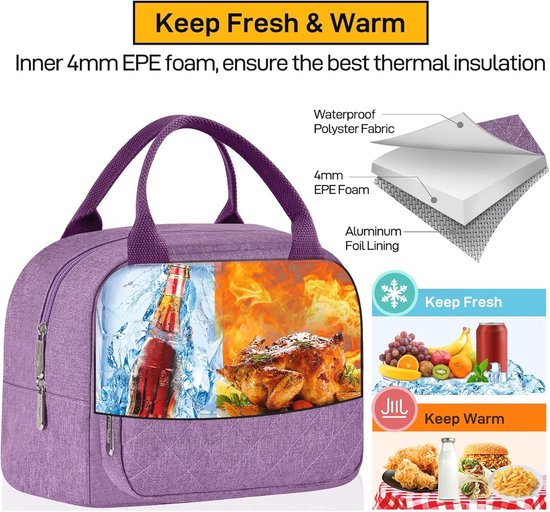 Geïsoleerde lunchtas voor dames en heren, werk volwassen koeltas lunchbox container lunch draagtas (paars) van Blokker — afbeelding 4