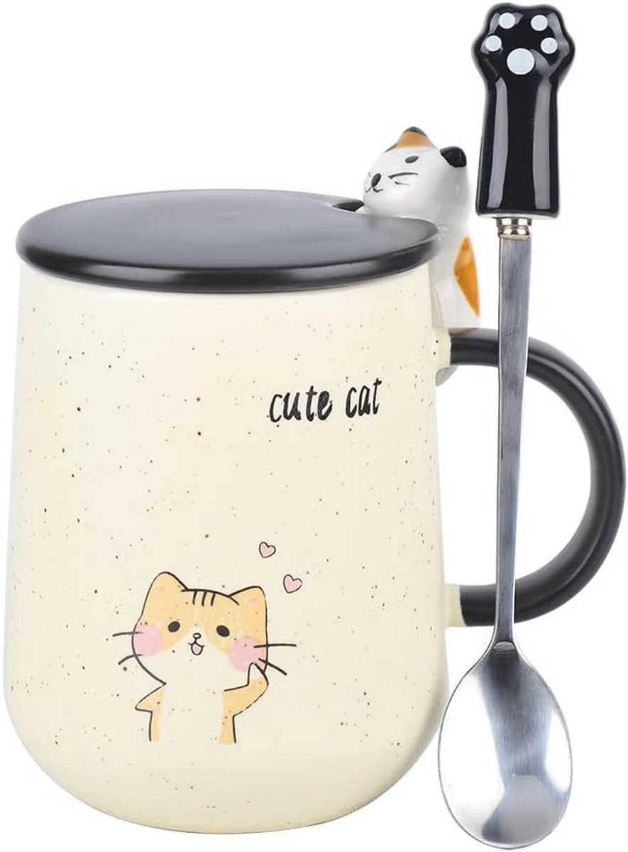 Schattige Handgemaakte Keramische Koffiemok met Deksel en Roestvrij Staal Lepel - Unieke Theebeker voor Snacks en Dranken - Perfect Cadeau voor Kattenliefhebbers