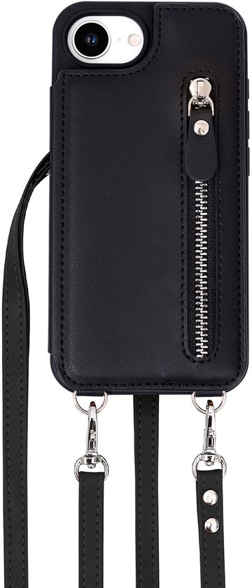 Casemania Hoesje Geschikt voor Apple iPhone 16e - Zwart - Luxe Back Cover met Koord / Rits - Wallet Case met Pasjeshouder - Lanyard Telefoonhoes - Cord Case