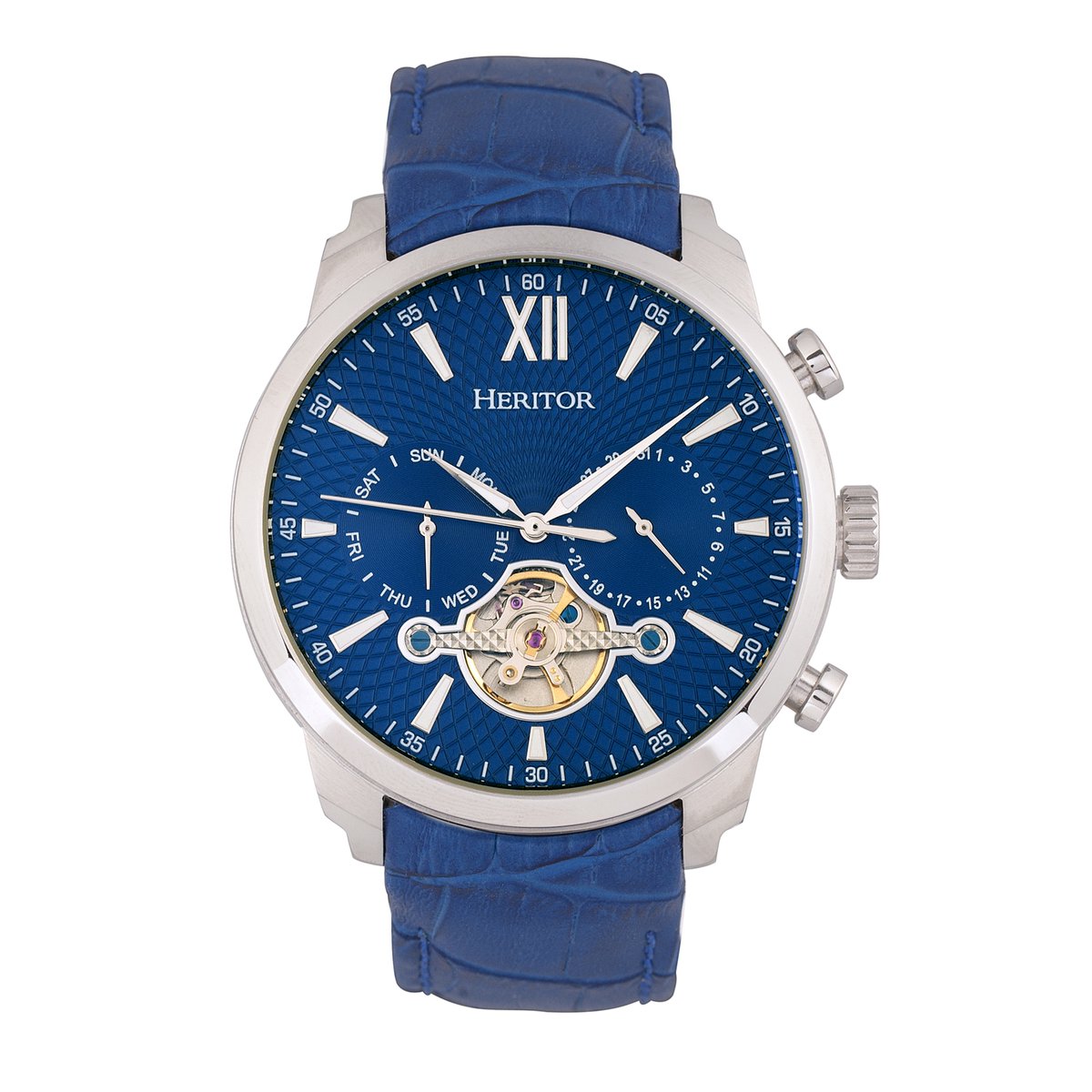 Heritor Automatic Arthur Semi-Skeleton leren band horloge met dag-datum - zilver-blauw