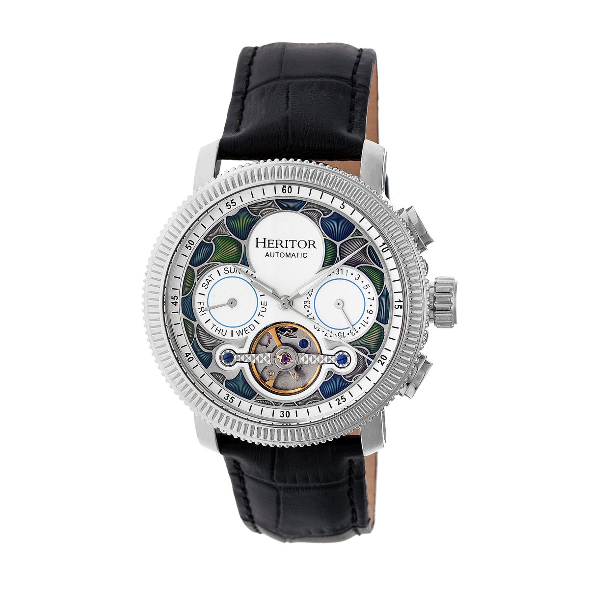 Heritor Automatic Aura Heren Semi-Skelet Lederen Band Horloge - Zilver-Wit