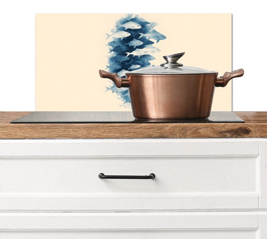 Spatscherm keuken 60x30 cm - Kookplaat achterwand Vissen - Minimalistisch - Blauw - Muurbeschermer - Spatwand fornuis - Hoogwaardig aluminium