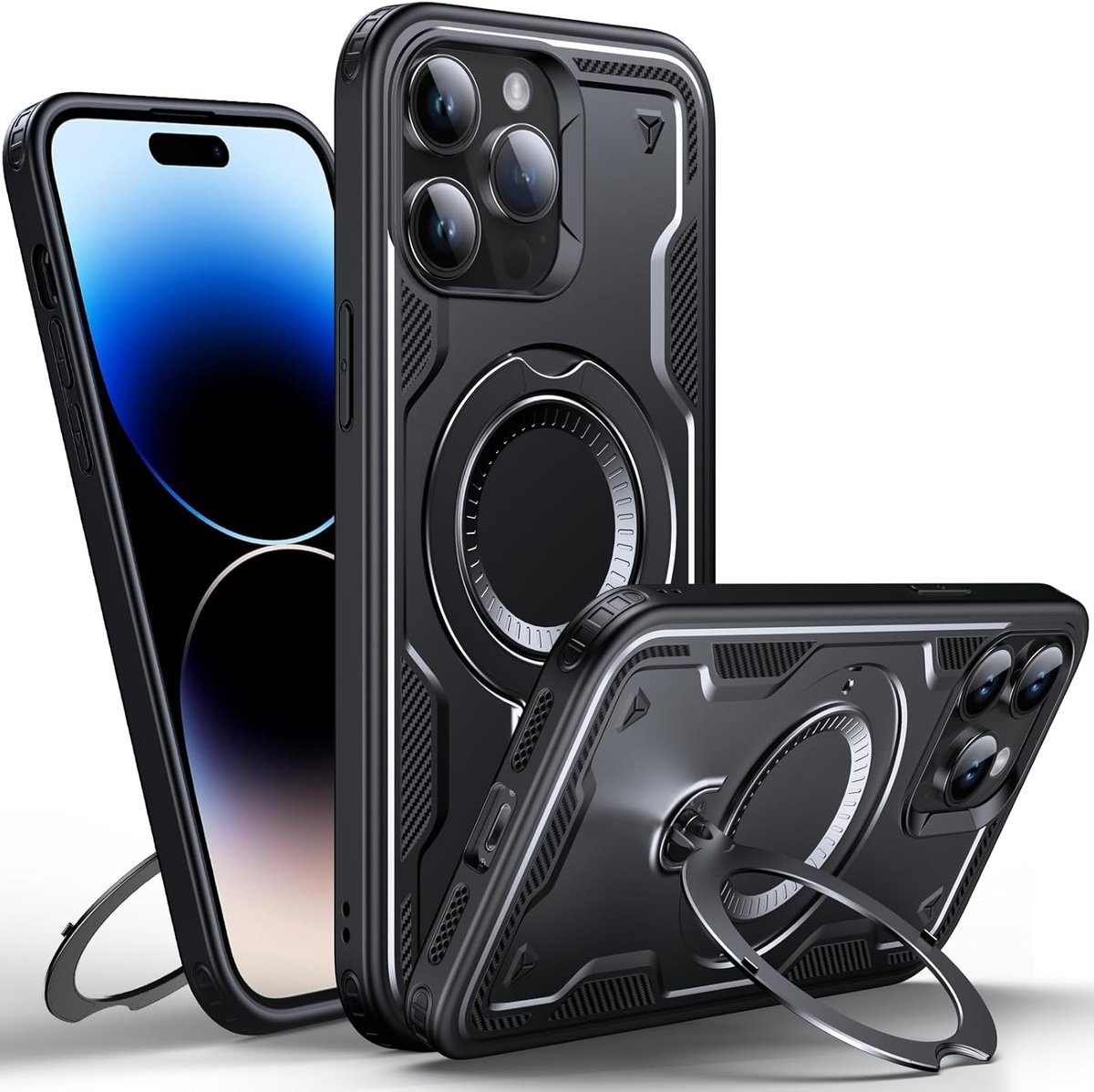 Magsafe Hoesje Geschikt voor iPhone 13 / 14 Hoesje Zwart - Armor Hoesje met Met Draaibare Ring Houder