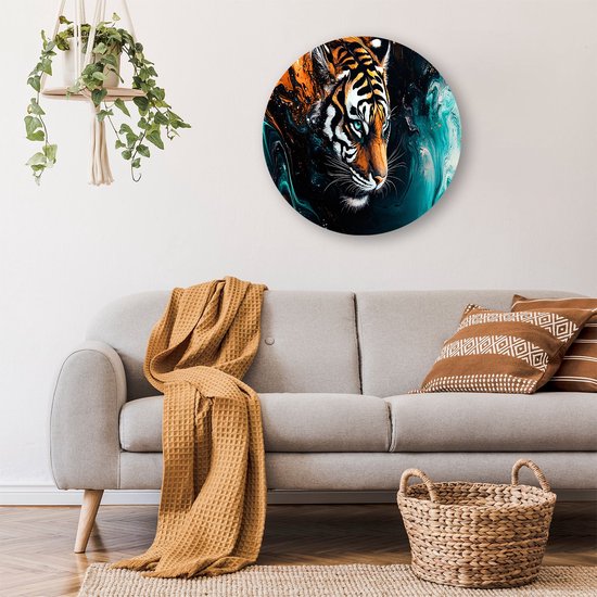 Surrealistische tijger in dynamische kleuren - Tijger muurcirkel - Wandschaal dieren - Surrealistisch - Muurcirkels op maat - Schilderij modern design - Muurcirkel aluminium 60x60 cm