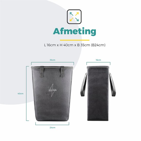 Afmetingen van de zwarte koeltas: 40cm hoog, 35cm breed en 16cm diep (uitgevouwen).