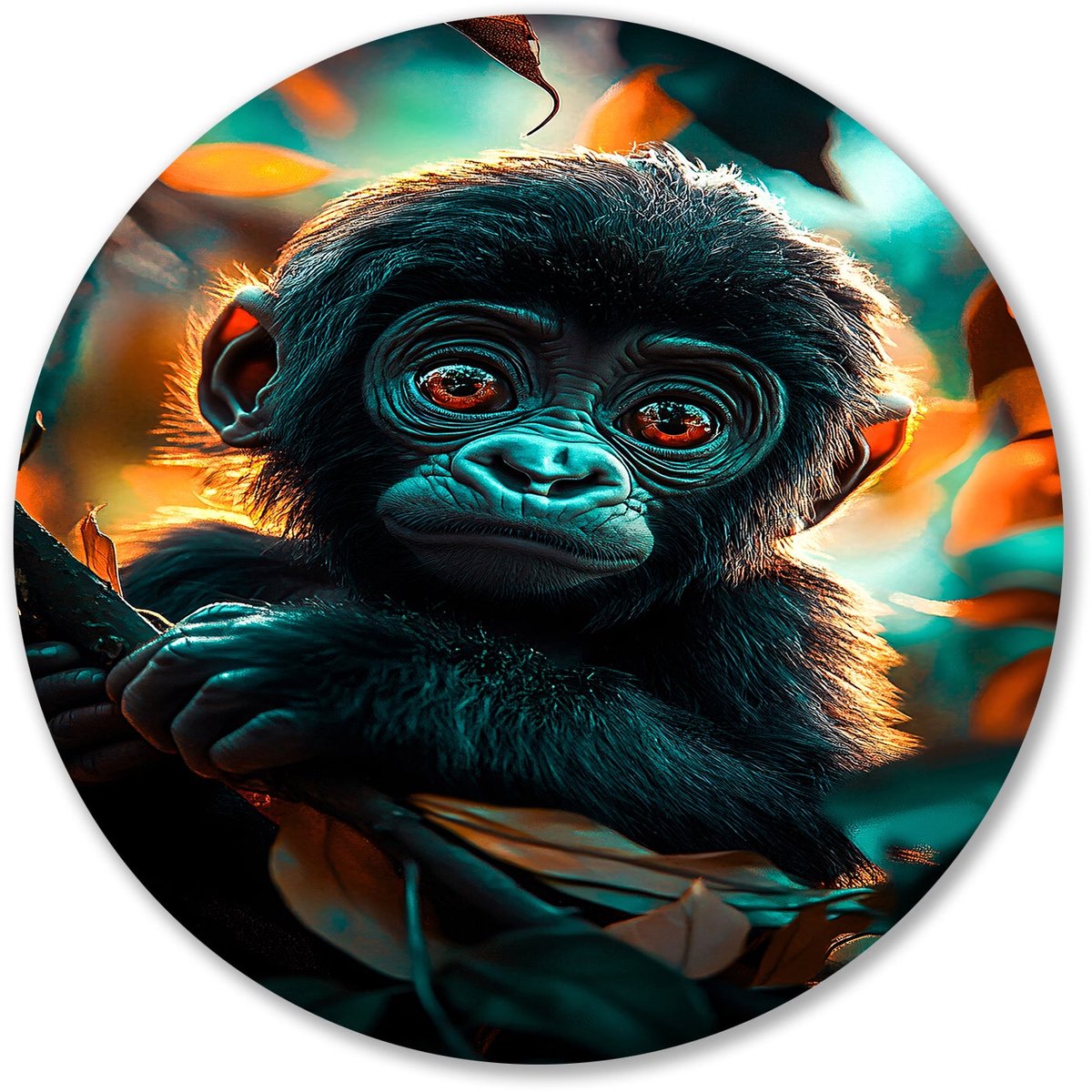 Kleurrijke baby gorilla in natuur - Aap muurcirkel - Wandschaal baby - Hyperrealisme - Unieke dibond muurcirkel - Schilderij landelijke stijl - Muurcirkel aluminium 60x60 cm