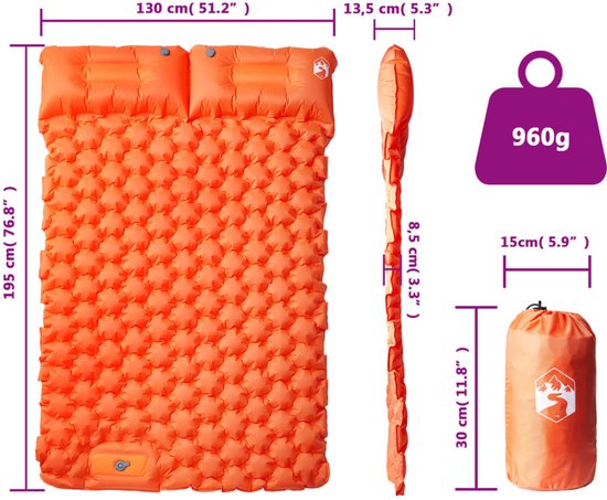 vidaXL - Kampeermatras - met - kussens - zelfopblazend - 2-persoons - oranje van Merkloos — afbeelding 3