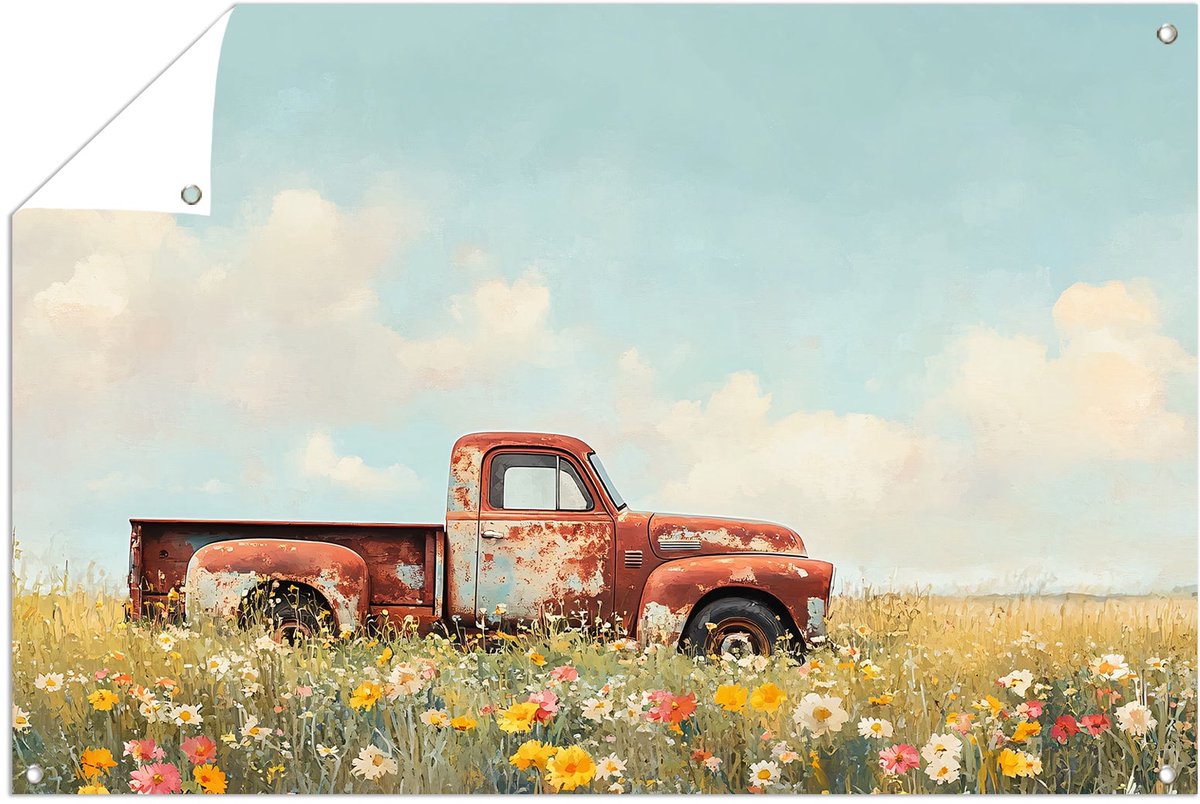 Oude truck in bloemenveld - Pickup tuinposter - Poster van buiten truck - Realisme - Schut