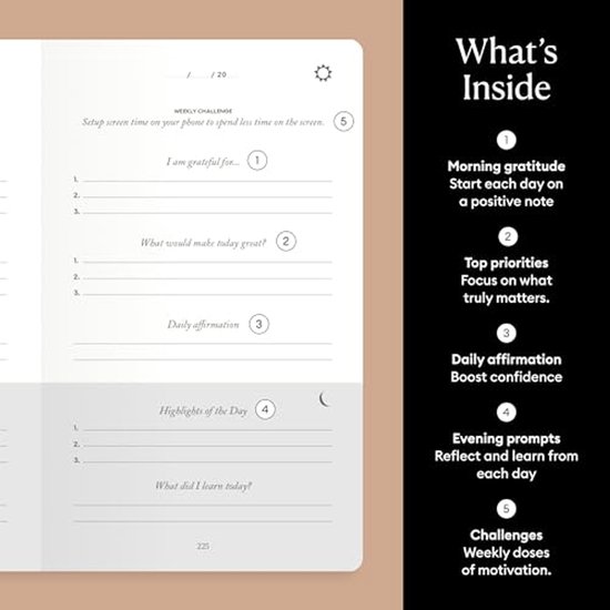 Binnenkant van 'The Five Minute Journal' met secties voor dankbaarheid en dagelijkse affirmaties.