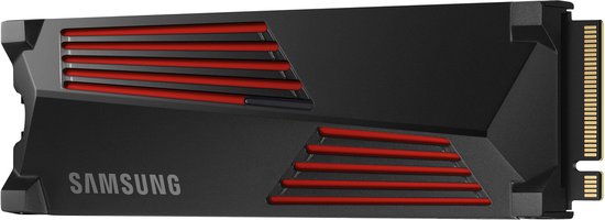 Samsung 990 PRO SSD met heatsink, zwart met rode ventilatieopeningen.