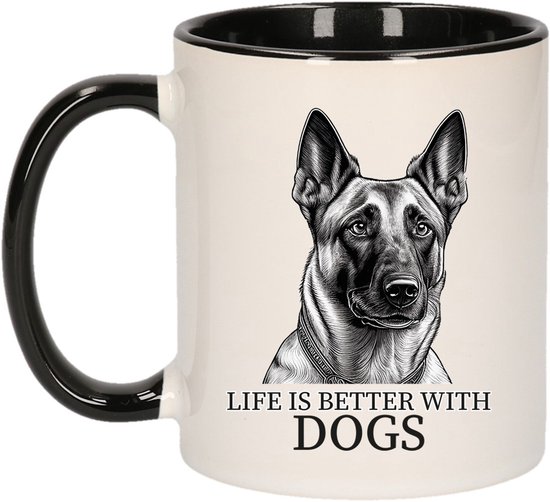 Bellatio Decorations BD Cadeau mok honden liefhebbers - Mechelse Herder - zwart oor - pentekening - keramiek - 300 ml