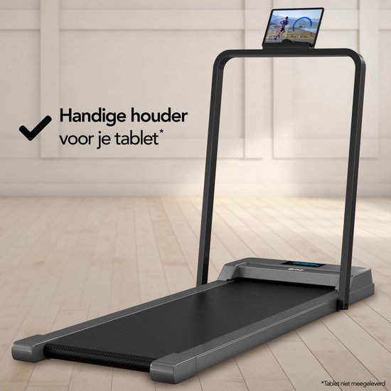 Grijze loopband met een handige houder voor je tablet, die op het frame van de band is gemonteerd.