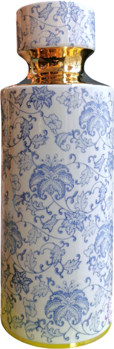 Fine Asianliving Chinese Vaas Porselein Blauw Wit Goud Handgemaakt D14xH40cm Blauw, Wit, Goud