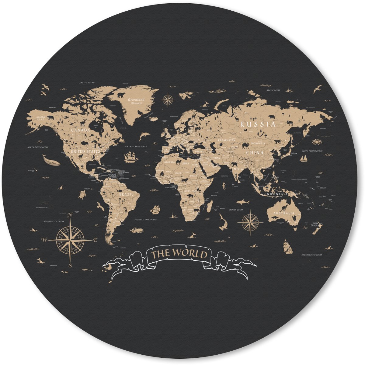 Muismat rond 40x40 cm - Mousepad Wereldkaart - Beige - Zwart - Ronde muismatten