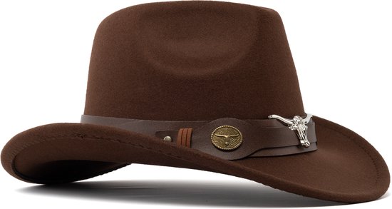 KIMU Cowboyhoed Donkerbruin Kinderen Stier - Bruine Cowboy Western Hoed Stierenkop Jongen Meisje - Cowgirl Zilveren Bull Carnaval