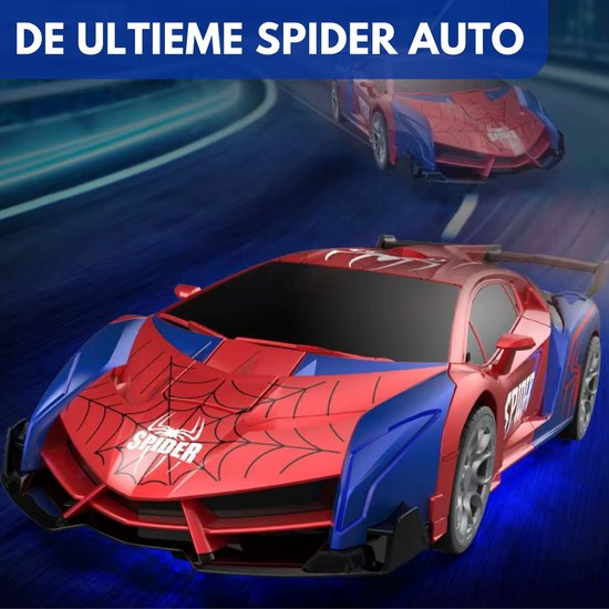 Glimmende rode en blauwe Spiderman-raceauto op een racebaan, met blauwe LED-verlichting onder de auto. Tekst: 'DE UITLIEME SPIDER AUTO'.