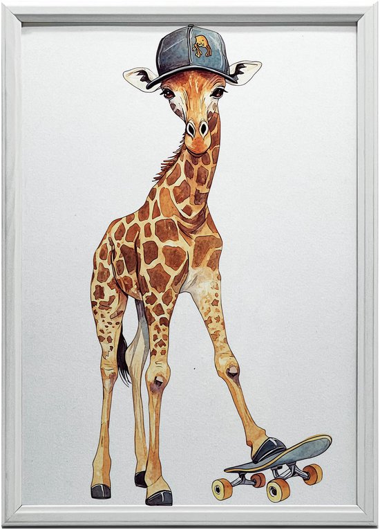 Gouden Frame Wandposter Giraf Op Skateboard 50X70 Cm