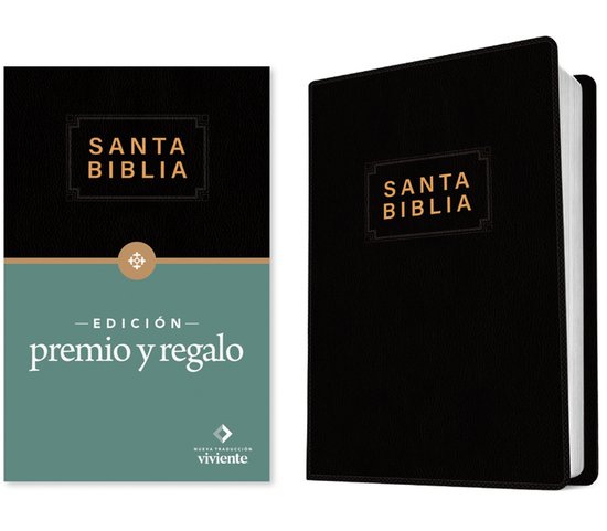 Bible noire "Santa Biblia NTV" édition dorée "Premio y Regalo" sur la couverture.