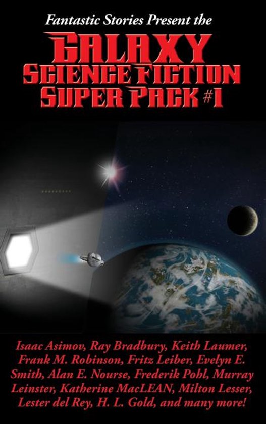 Boekomslag met de titel 'Galaxy Science Fiction Super Pack #1'. Ruimte-illustratie met aarde, maan, ruimteschip en sterren.