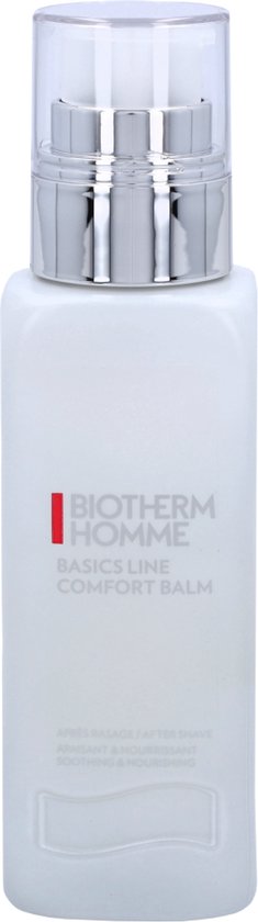 Witte fles met zilveren pompdispenser. "BIOTHERM HOMME BASICS LINE COMFORT BALM" tekst in zilver en rood.