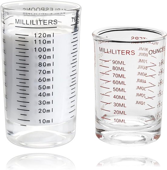 Set van 2 gegradueerde maatbekers van glas, 50 ml, 100 ml, set voor
