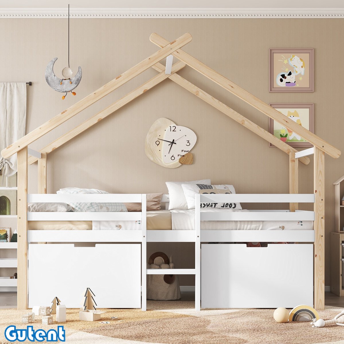 Gutent Kinderbed - Huisbed met dak - Aan alle kanten gesloten - Met trap - 2 opbergkasten op wielen - Den + MDF - Wit + Natuurlijk - 90x200cm - Zonder matras