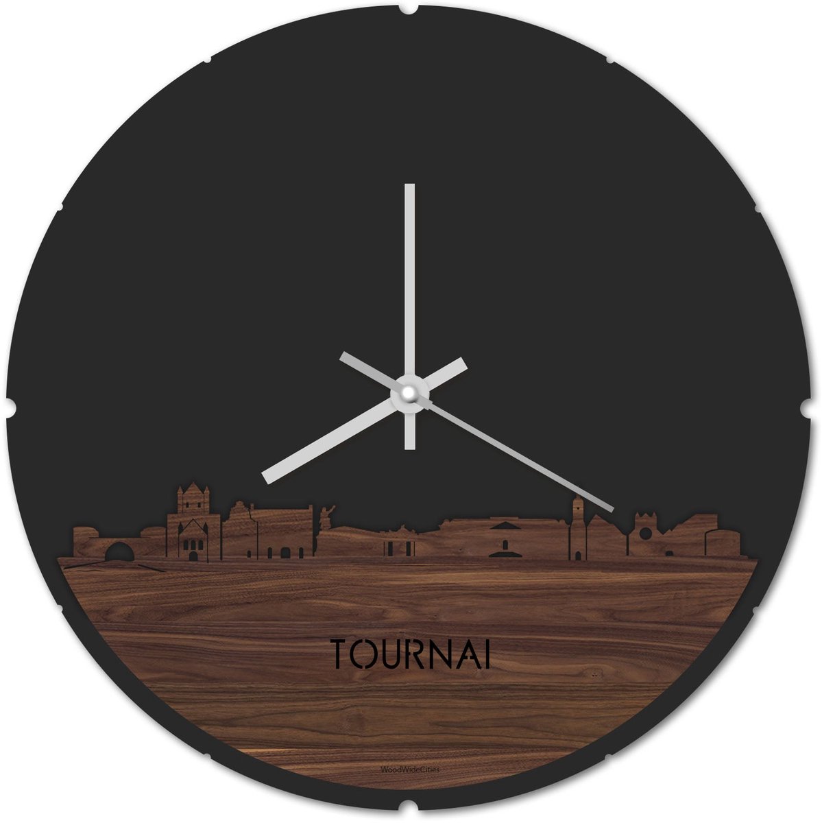 Skyline Klok Rond Tournai Notenhout - Ø 44 cm - Stil uurwerk - Wanddecoratie - Meer steden beschikbaar - Woonkamer idee - Woondecoratie - City Art - Steden kunst - Cadeau voor hem - Cadeau voor haar - Jubileum - Trouwerij - Housewarming -