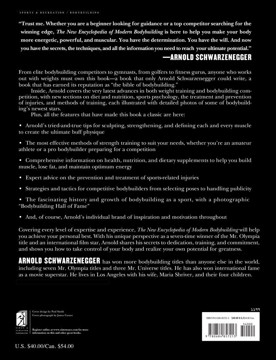 Achterkant van het boek "The New Encyclopedia of Modern Bodybuilding" met tekst over de inhoud en Arnold Schwarzenegger.