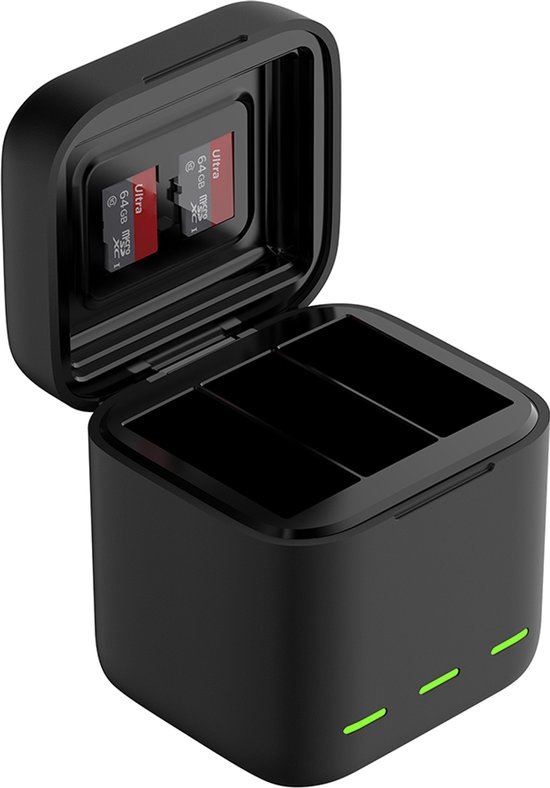 GoPro Hero 13 batterij oplader Telesin – laad 3 batterijen + 2 micro SD’s op, compact met LED indicator