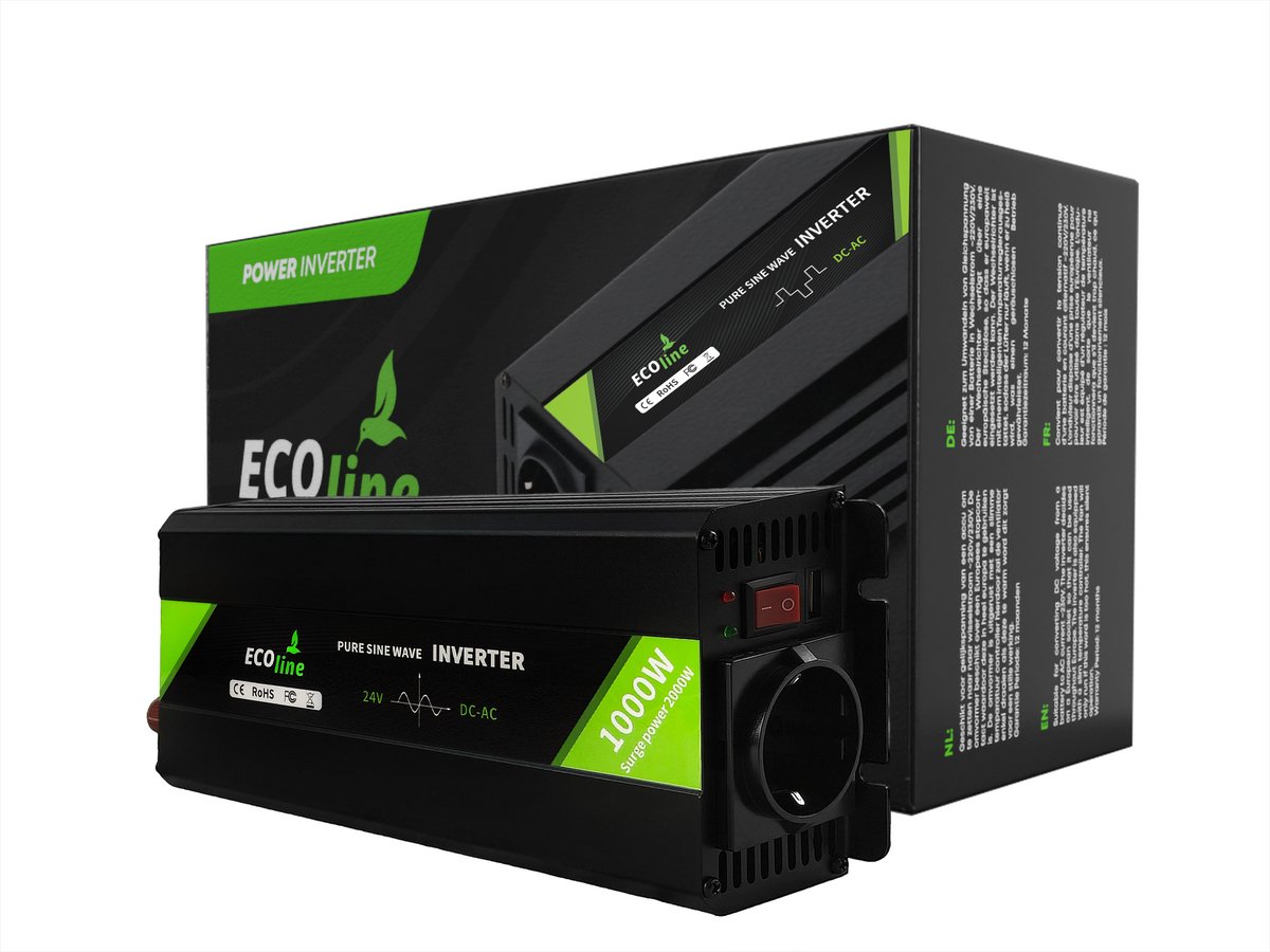 EcoLine - Omvormer 24V Naar 220V/230V - 1000w Vermogen - Zuivere sinus - Auto omvormer.
