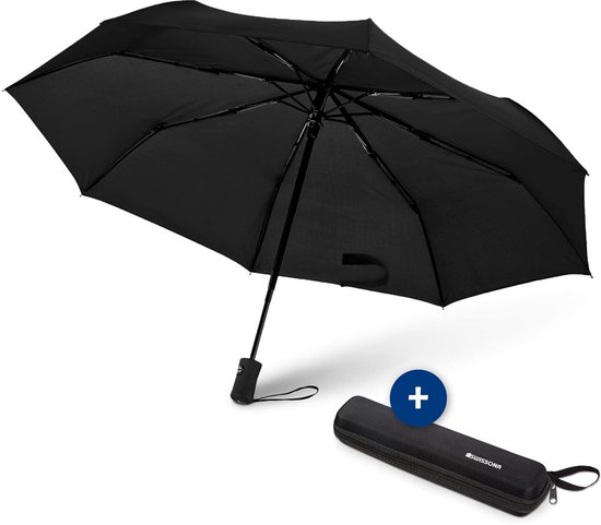SWISSONA Parapluie noir, coupe-vent, léger et compact, système d'ouverture et de fermeture automatique, avec parapluie, parapluie de voyage, parapluie outdoor , parapluie automatique, noir, 1 Rainschirm