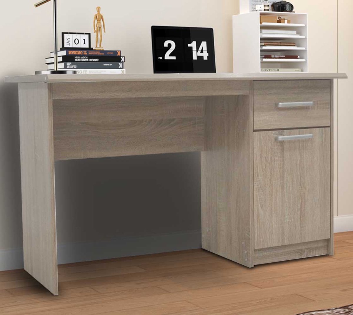 Bureau Milou 1 Lade 1 Deur | H-75 X B-121 X D-60 Cm | Sonoma Eik - Rousseau - Bureau - Bruin - MDF