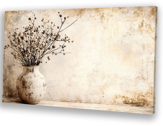 Gedroogde bloemen in vaas - Stilleven wanddecoratie - Wandkunst bloemen - Japandi - Woonkamer decoratie industrieel - Slaapkamer accessoires - Canvas 120x80 cm