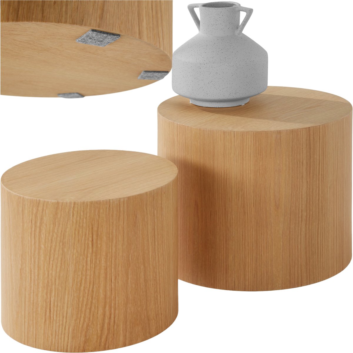 Tectake Ronde Salontafel Danny - Set van Grote en Kleine Bijzettafel - Ø48 x 38 en Ø38 x 32,5 cm - Eikenfineer MDF Houten Salontafel - Bijzettafeltjes Woonkamer - Bedtafel - Banktafel Set van 2 Ronde Bijzettafels