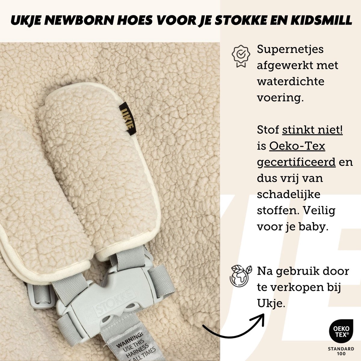Ukje Newborn Hoes Tripp Trapp - Voor Stokke Kidsmill Novi Newborn Set - Veilig getest Oeko-Tex - Waterdichte binnenkant - Met Gordelbeschermers - Lichtbeige Teddy – foto 3