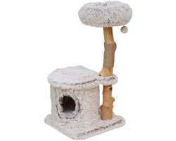 Ebi Manila Krabpaal - Houten Kattenboom met Long Hair Pluche en Jute - 40x40x80cm - Beige