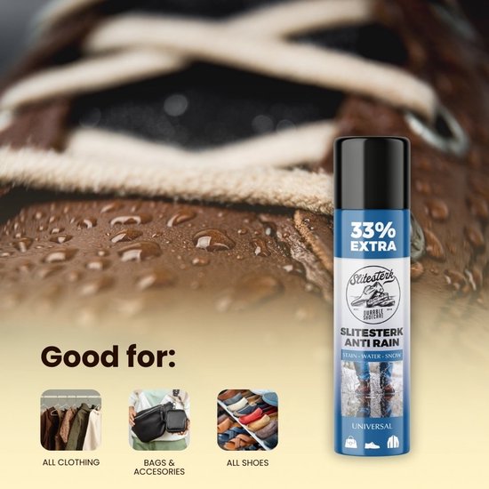 Slitesterk Anti Rain spuitbus. Goed voor alle kleding, tassen, accessoires en schoenen. Waterafstotend.