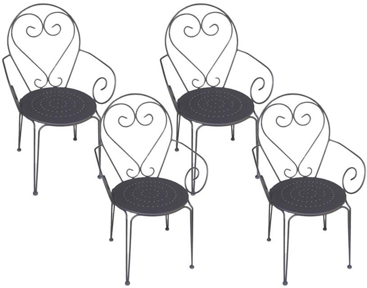 Vente-unique Set van 4 metalen tuinstoelen met smeedijzereffectt met armleuningen - antraciet - GUERMANTES L 48 cm x H 89 cm x D 52 cm