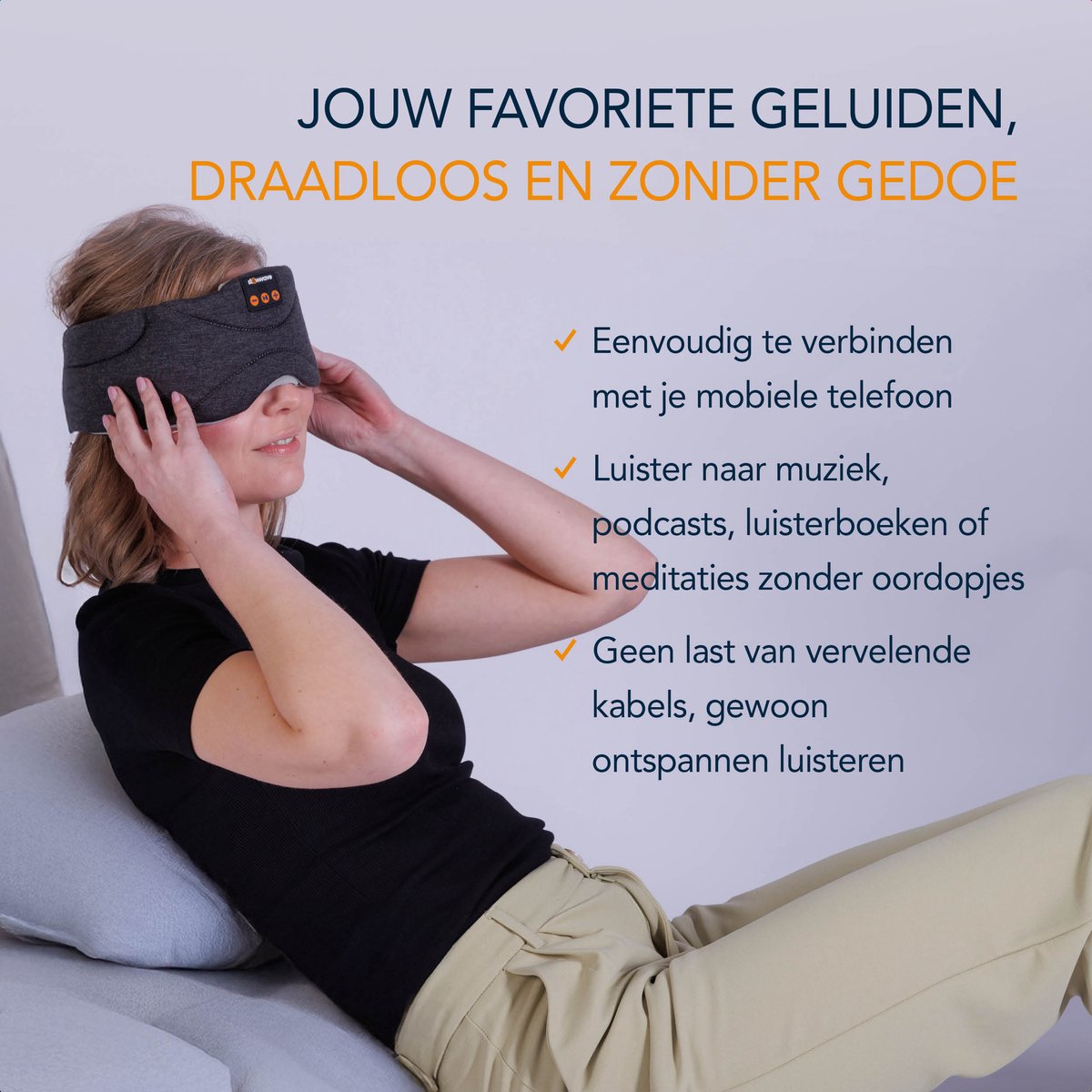 Slowwave Premium Bluetooth Slaapmasker - Stream je favoriete audio in 100% duisternis - Inclusief handige timer-functie - Platte en zachte ‘spons-speakers’ (perfect voor zijslapers) - Koel en ademend materiaal - Kleur: antraciet — afbeelding 4