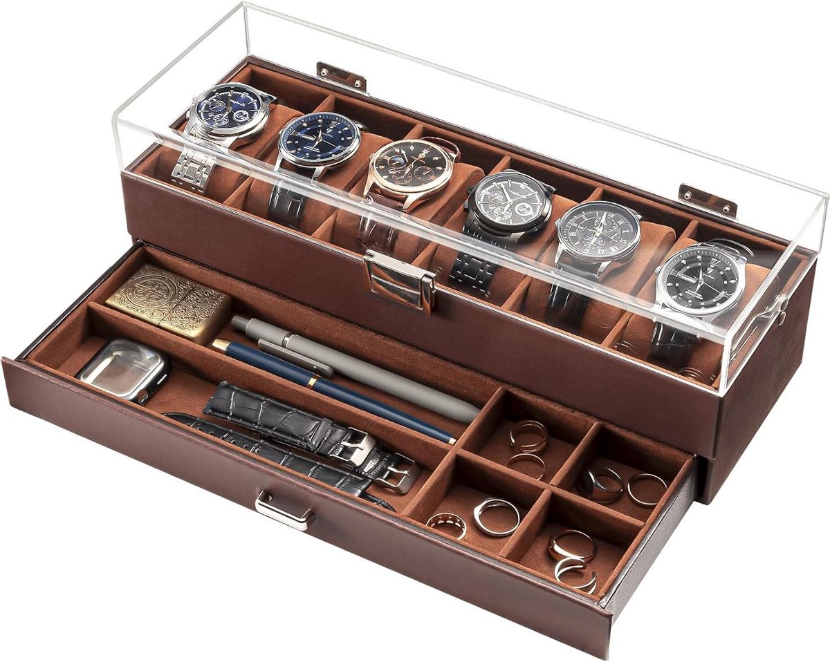Opbergdoos voor horloges met 6 vakken en lade - Heren - Bruin