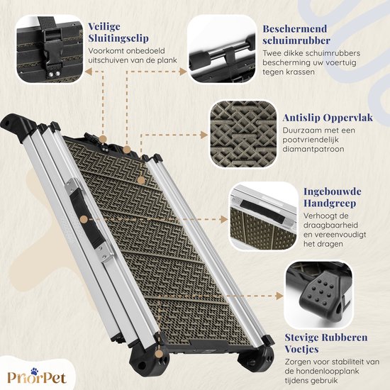 Hondenloopplank voor Auto - Uitschuifbare Hondentrap Auto voor Grote Honden - Stabiel - Antislip - Reflecterende Zijkanten voor in het Donker - 90kg Capaciteit - Loopplank Hond - Sluitingsclip - Grijs