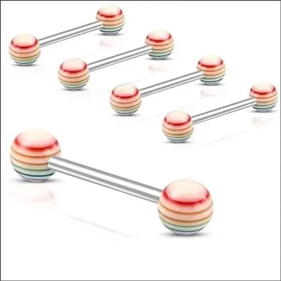 Foto: Aramat jewels tongpiercings kleurrijke gestreepte tongpiercing van staal regenboogkleuren 6mm staal volwassenen verkleurd niet