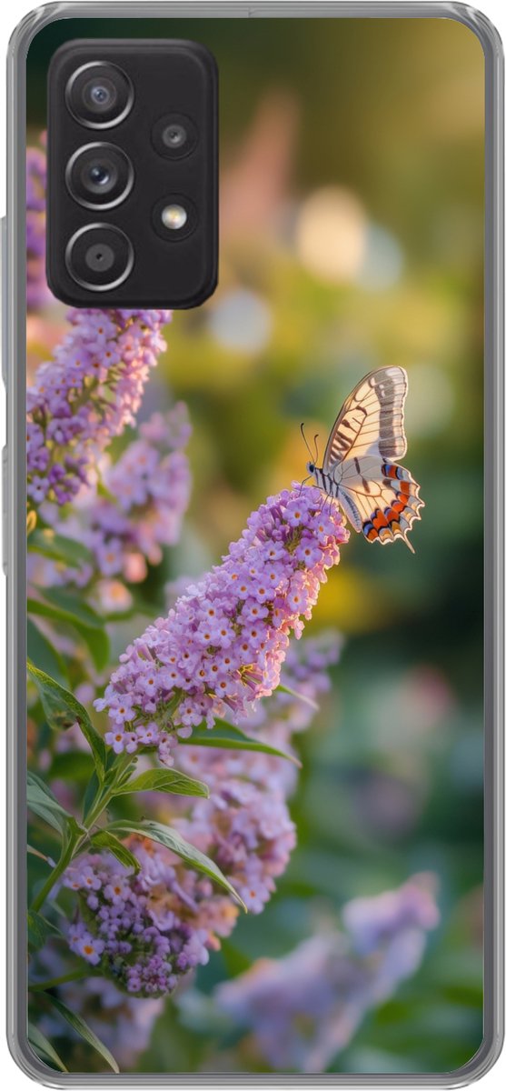 Telefoonhoesje Geschikt voor Samsung Galaxy A53 5G hoesje - Sierlijke - Vlinder - Paarse - Bloemen - Siliconen Telefoonhoesje Telefoonhoesje