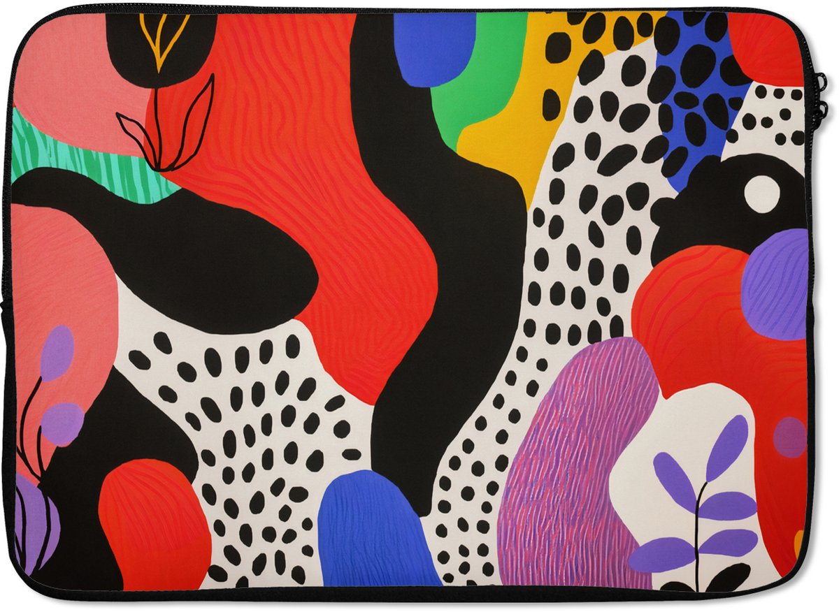 Laptophoes 14 inch - Abstract - Vormen - Kleuren - Stippen - Laptop sleeve - Binnenmaat 33x23 cm - Zwarte achterkant
