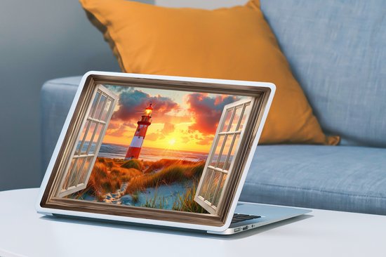 Laptop sticker - 15.6 inch - Doorkijk - Raam - Vuurtoren - Zonsondergang - Strand - 36x27,5cm - Laptopstickers - Laptop skin - Cover