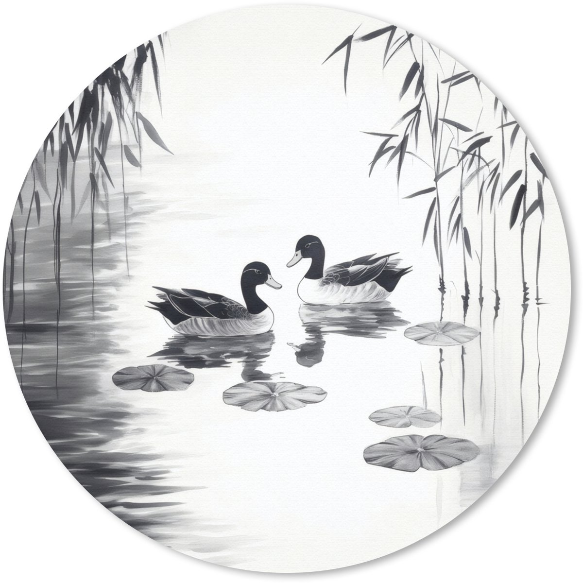 Muismat rond 30x30 cm - Mousepad Eenden - Waterlelies - Riet - Zwart - Ronde muismatten