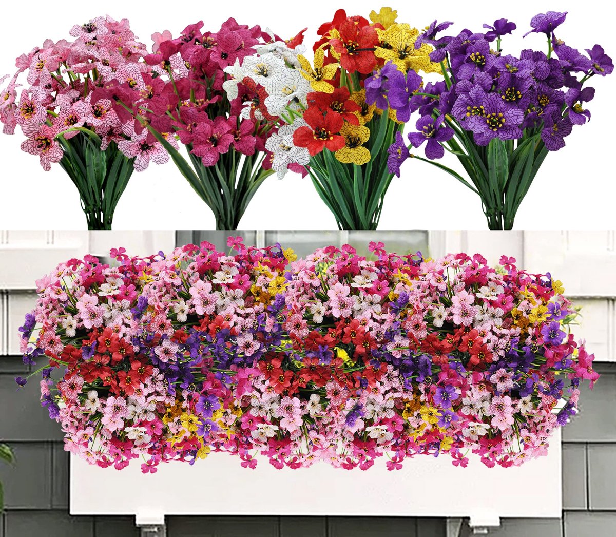 Ibenzoa Kleurrijke Weerbestendige Kunstbloemen Set voor Balkon en Tuin Decoratie met UV-bestendig Materiaal paars, roze, rozerood, wit, geel, rood