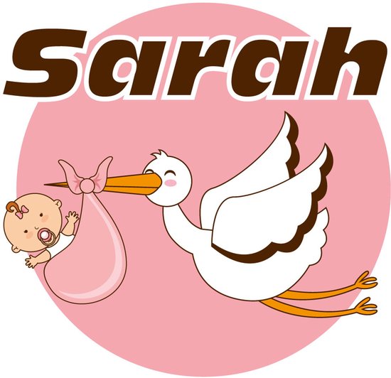 Roze cirkel met bruine tekst 'Sarah' en een ooievaar die een baby met roze strik in een roze wikkel draagt.